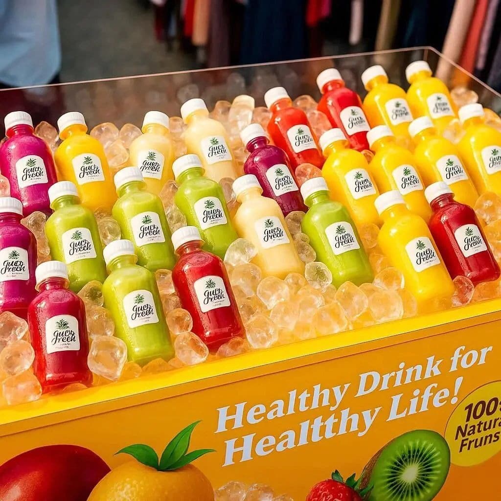 Fresh cold-pressed juices on ice