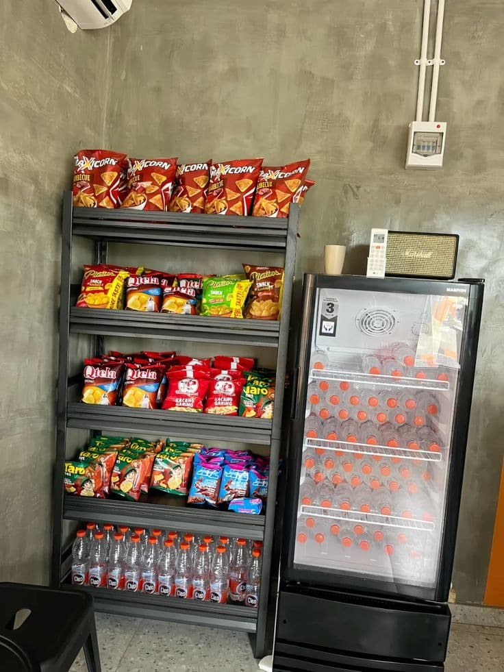Industrial shelving unit with fridge