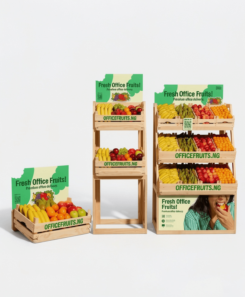 All fruit display sizes — table, floor, and XXL — arranged together